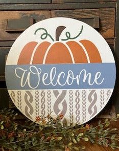 Pumpkin Welcome cable knit Door Hanger