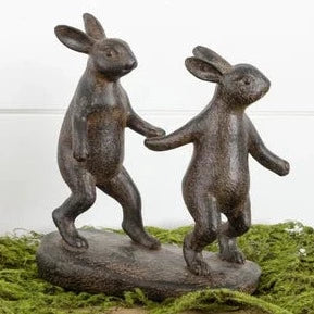 Brown Rabbit Figurines holding hands, resin