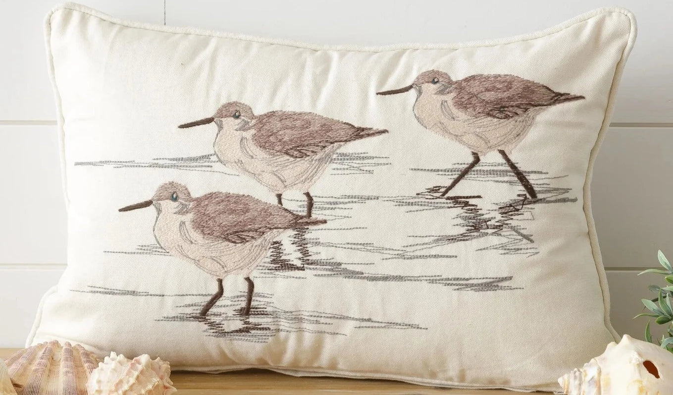 Sandpipers Embroidered Pillow, white pillow with 3 embroidered sandpipers. this lumber pillow measures 12" l x 18" w.