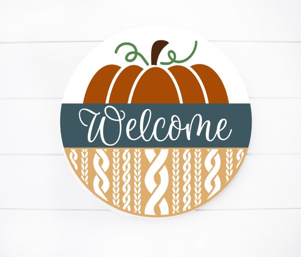 Pumpkin Welcome with cable knit door hanger