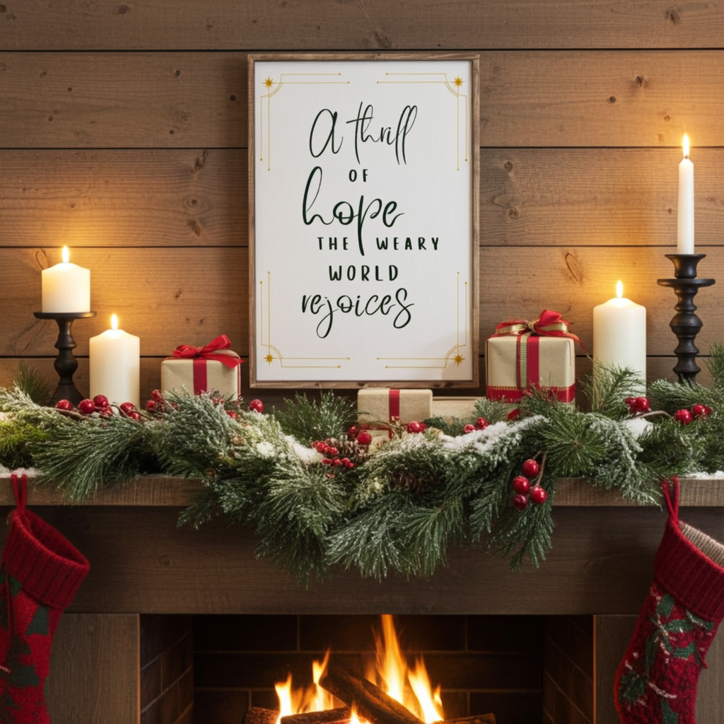 Decorative Christmas mantel with candles, garland, and a framed quote on a wooden wall.