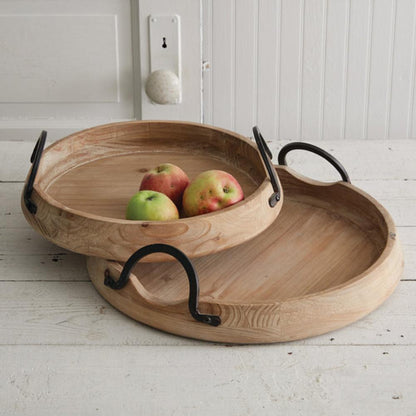 Set of 2 farmhouse round wood trays with black metal handles and angled lip