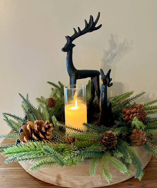 Small Abrams Tray with the set of 2 wrought iron deer, Norfolk pine candle ring and led candle.