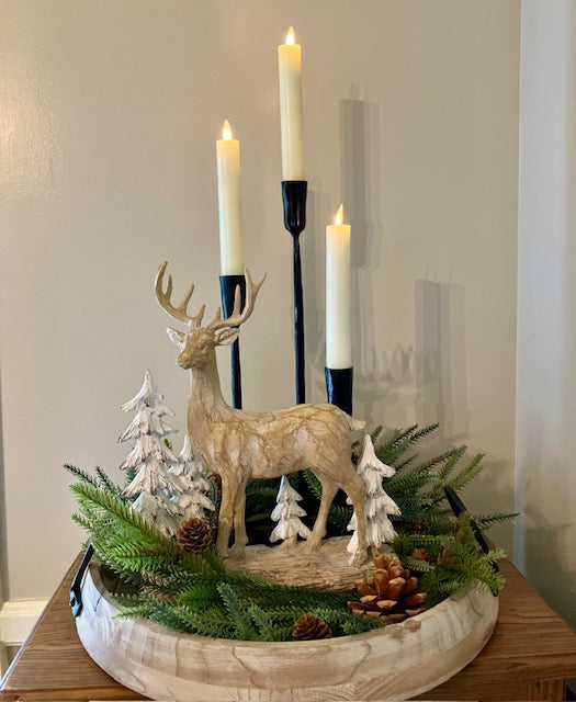 Abrams large round tray with angled sides in natural finish with black metal handles. Shown in tray Deer with trees and set of 3 black iron taper candle holders and Norfolk candle ring with pinecones.