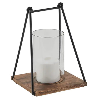 Lantern with square wood base, metal bar and loop design handle and glass cylinder for candle.