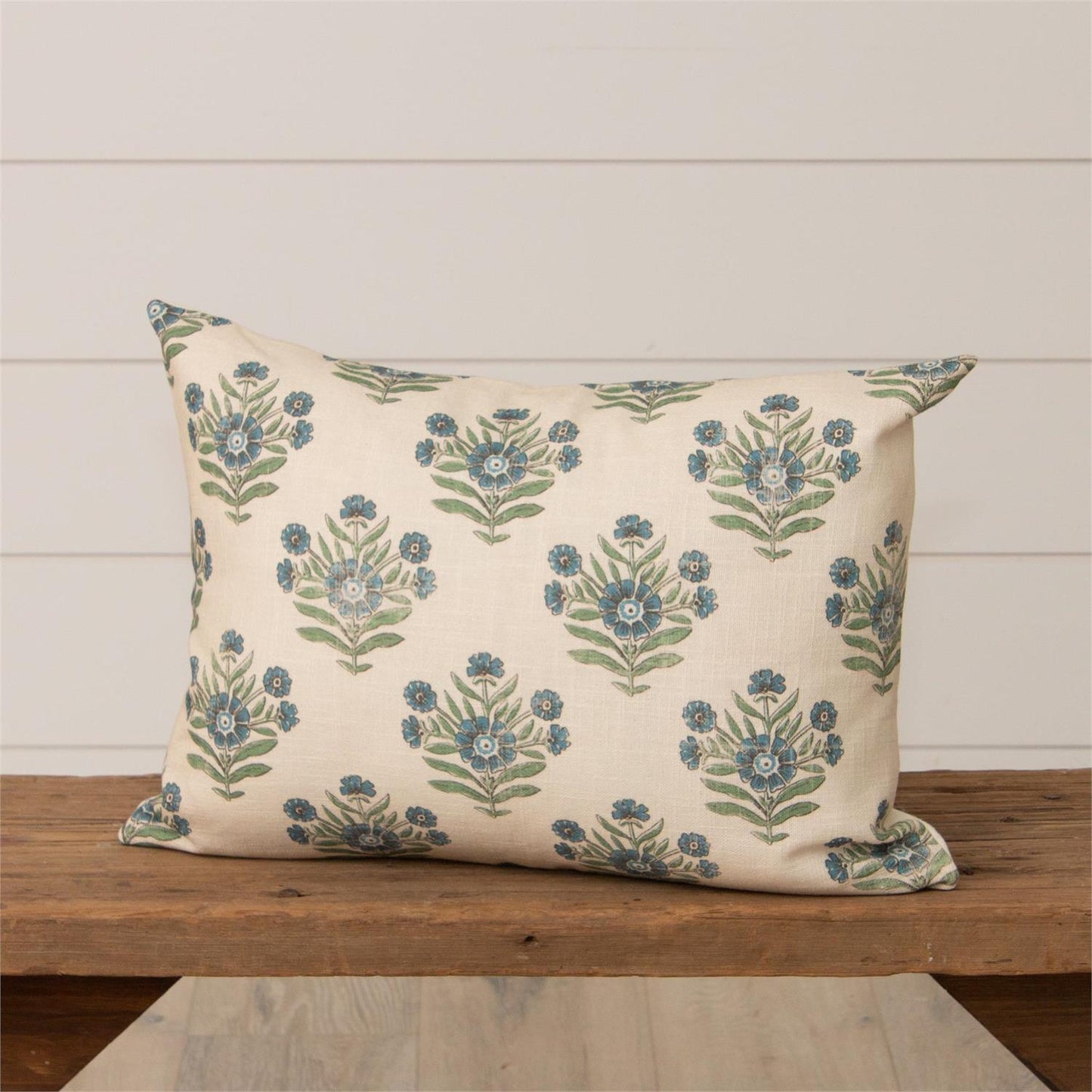 Blue block print floral all over pattern rectangle lumbar pillow. 12" high x 20" in length. 