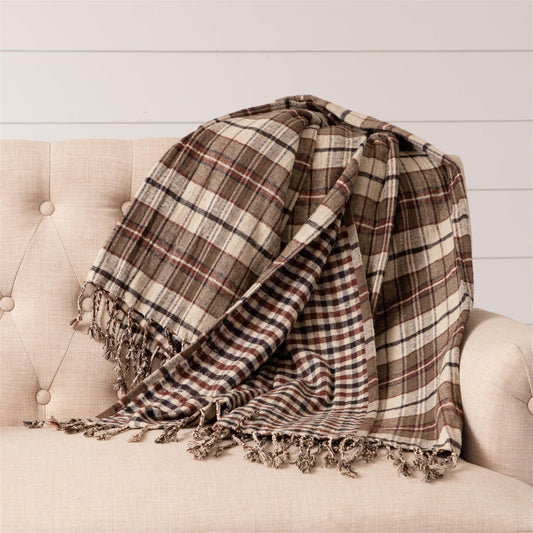 Brown plaid brushed cotton reversible Plaid throw with fringes. reversible side is checkered pattern. 