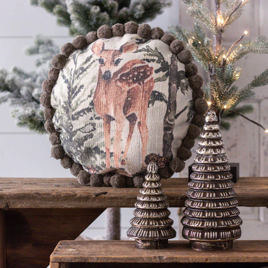 Forest Deer Round Pillow with Pom Poms