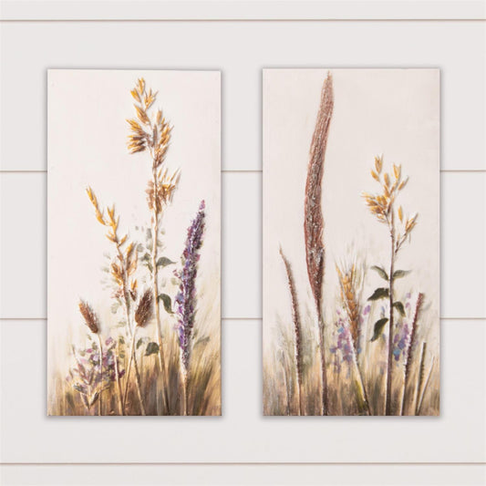These rectangular wall prints have a embossed design with colorful floral stems, Set of 2