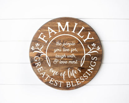 Family Greatest Blessing Round Sign Early American Stain with White Font 