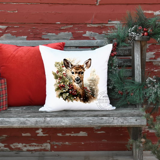 Cotton fabric pillow cover with fawn surrounded with holly. Your choice of white or natural pillow cover