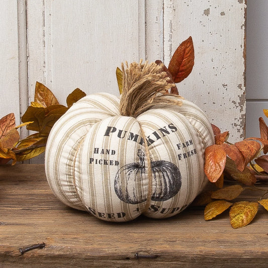 Tan grain sack stripe pumpkin with printed pumpkin design 