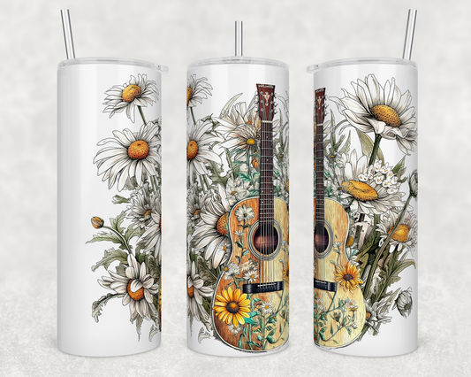 Guitar and Daisy's Beverage Tumbler on white background 