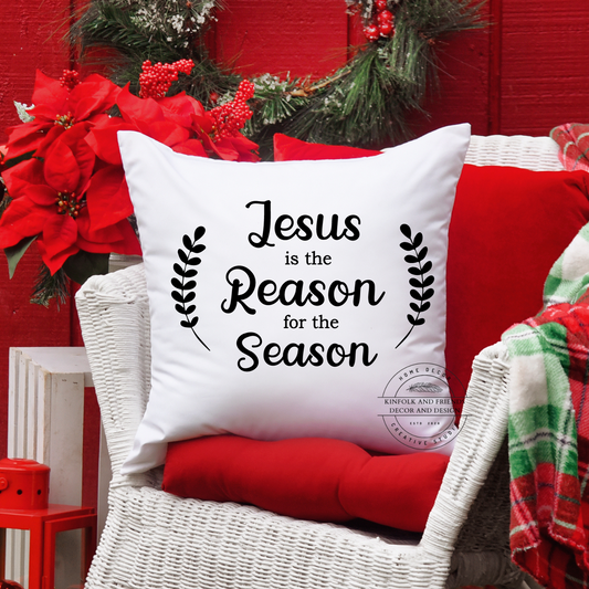 Jesus is the reason for the season pillow, White 18" x 18"  cotton canvas with black design 