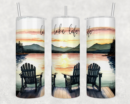 Beverage Tumbler with lake life saying. Design with views of the lake 