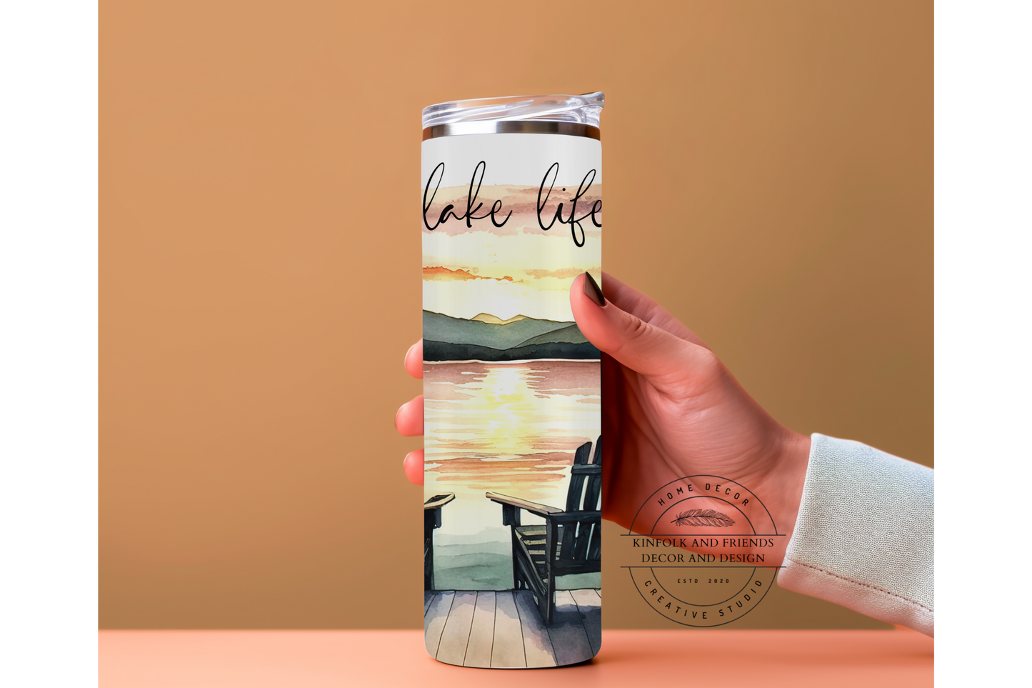 Lake Life beverage tumbler with views of the lake 