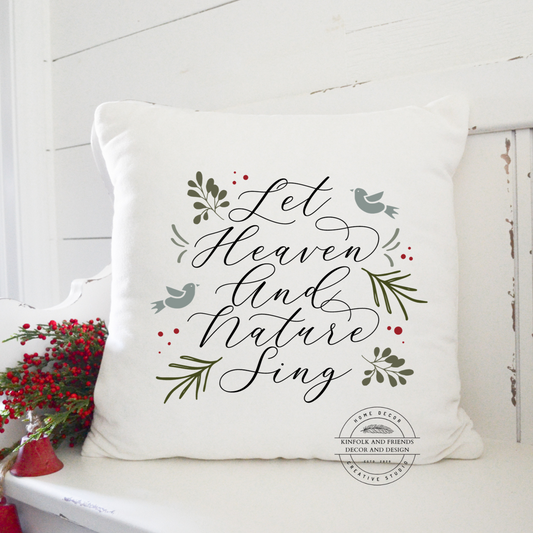 Let heaven and nature sing white canvas pillow cover with winter greens and birds, option to purchase with pillow insert