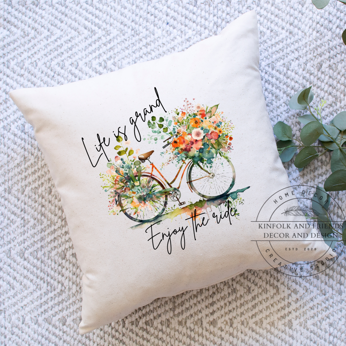 Life is grand  Enjoy the ride bike with flowers pillow 