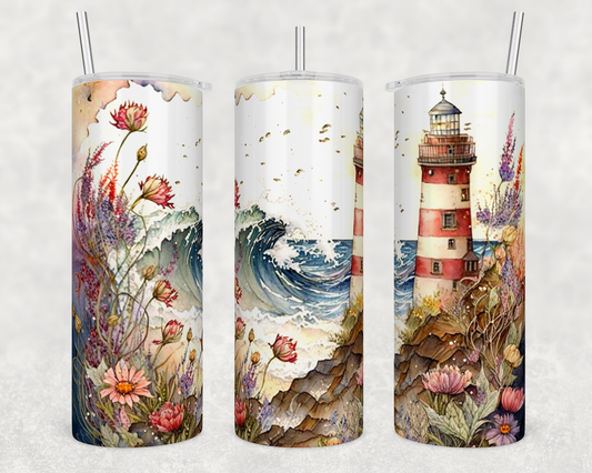 Beverage Tumbler with Light House and ocean with floral