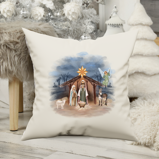 White canvas nativity pillow cover in Christmas setting