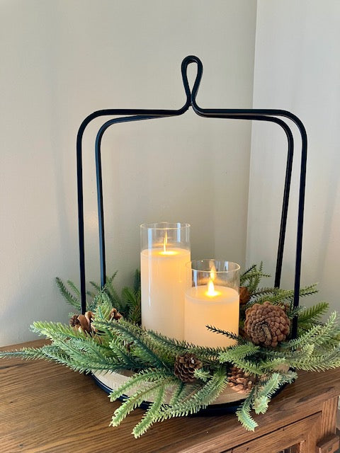 Candle ring shown in open lantern with LED candles. 