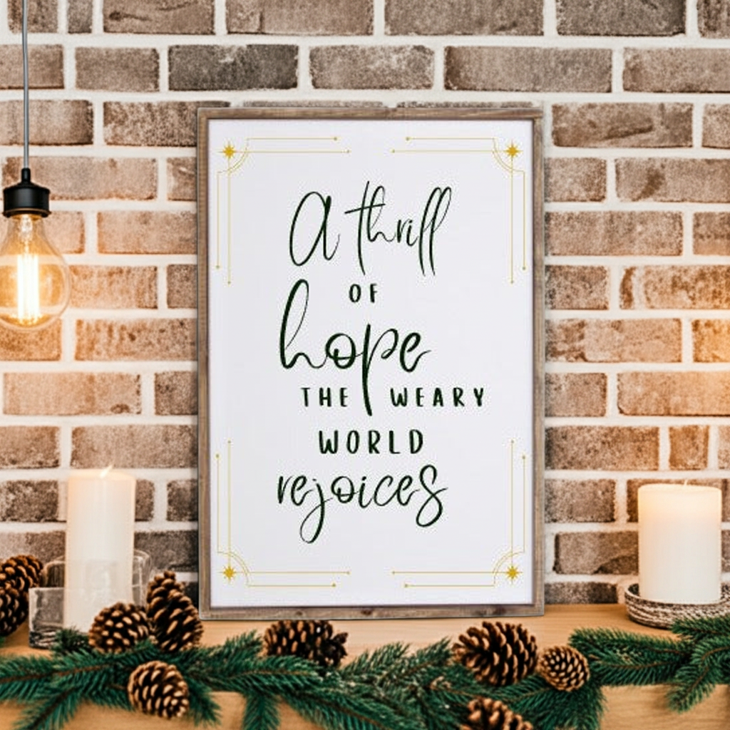 Framed motivational quote on a brick wall with candles and greenery