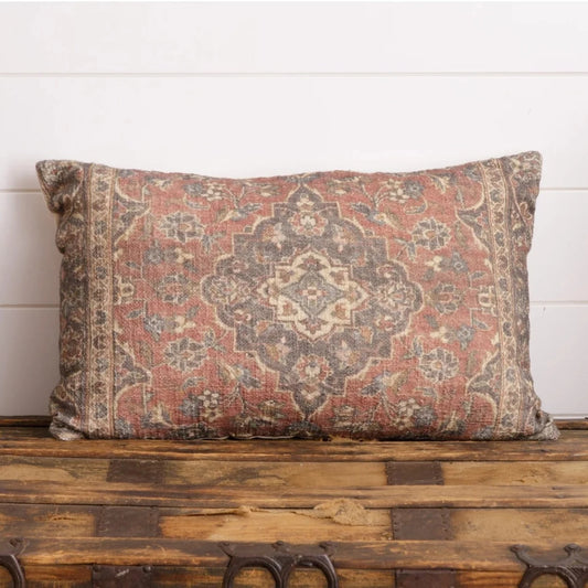 Antique Tapestry Lumbar Pillow  Brick Red and Navy 