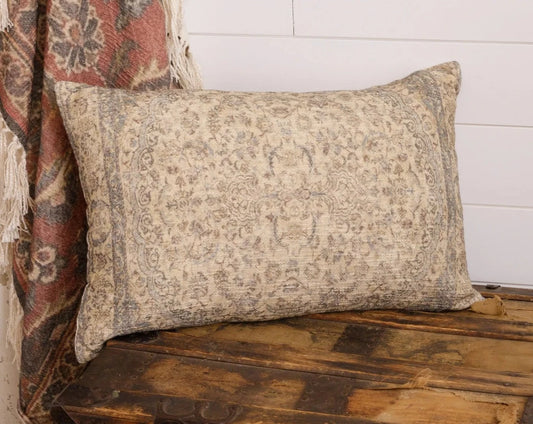 Antique Tapestry Lumbar Pillow, Dusty Blue And Ivory 