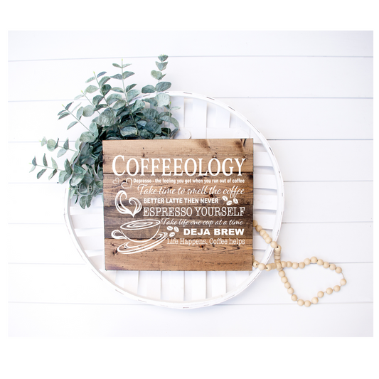 Coffeeology Plank Sign With Coffee Definitions, Early American With White Font 