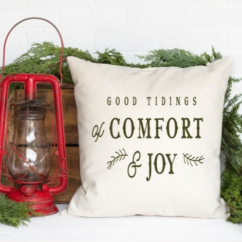Good tidings of comfort and joy pillow cover  made of cotton canvas fabric, Choose Black or Olive Green Design Color