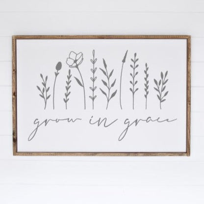 Grow in Grace framed sign with floral design, White with gray 