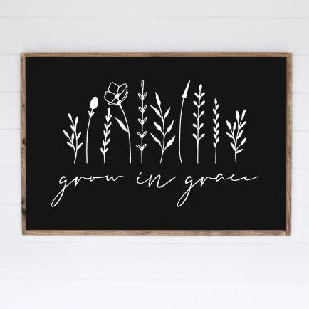 Grow in Grace framed sign with floral design, Black with White 
