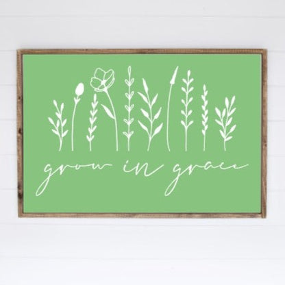 Grow in Grace framed sign with floral design, Green with White 
