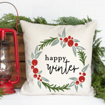 Happy winter Pillow Cover with wreath