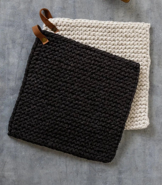 Knitted Pot Holders, Set of 2, Black and White