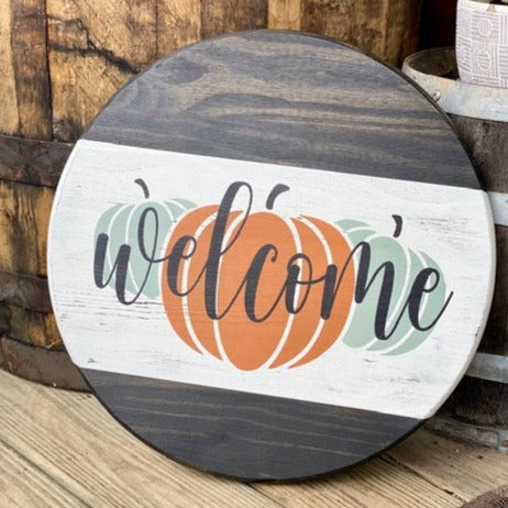 Welcome Sign with 3 pumpkins Round Door Hanger 