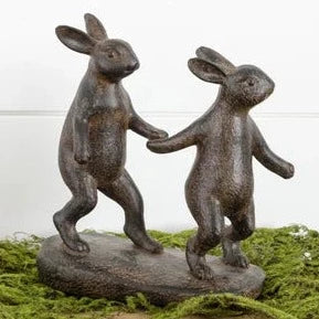Rabbit Figurines holding hands, resin 