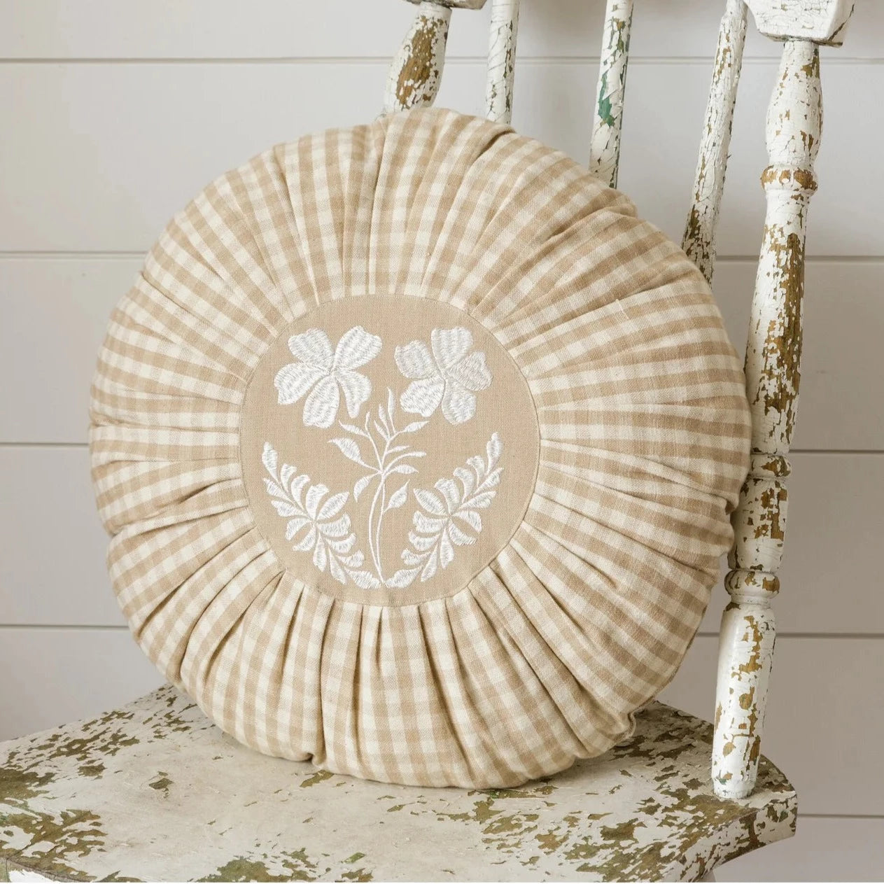 Round Pleated Tan and Linen Pillow With Embroidery Flower Center 