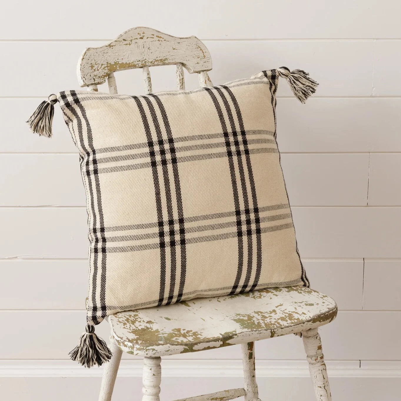 Black and White Windowpane pillow with tassels 